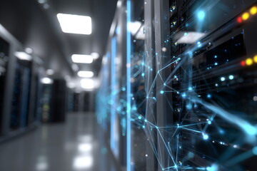 a high-tech server room filled with illuminated racks and blinking lights, digital blockchain network graphics overlayed in the air, cool blue lighting and metallic textures, secure and futuristic.