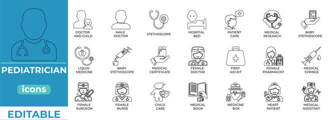 Editable pediatrician vector icons for medical and healthcare use

