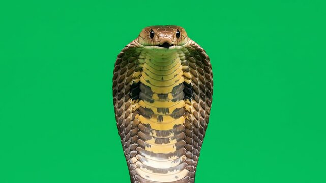 Cobra poised against a green background displaying its hood and forked tongue