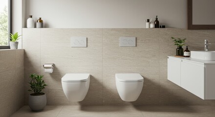 Modern Beige Bathroom with Wall-Mounted Toilets - Contemporary bathroom design featuring two wall-hung toilets, beige stone tiles, minimalist decor, and sleek fixtures.
