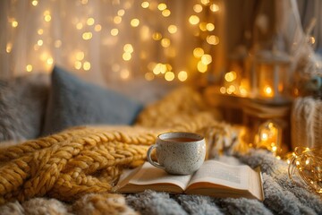 Warm and inviting scene featuring a clear glass cup of tea resting on an open book, surrounded by a chunky knitted blanket and soft fairy lights in the background. A small stuffed animal adds a charmi