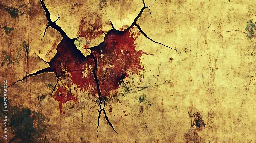Poster grungy texture of aged wall surface with cracks and deep reddish-brown stained spot for backgrounds
