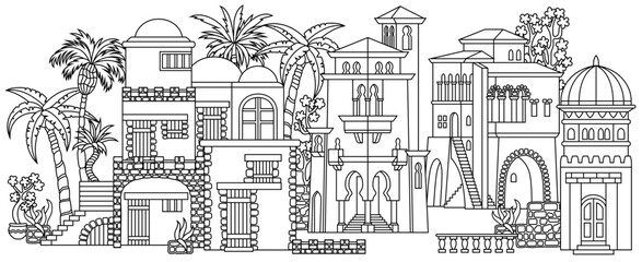 Line art vector illustration of an oriental city with domes, towers, and minarets. Perfect for Arabian, Islamic, and fairytale themed designs © KTVector
