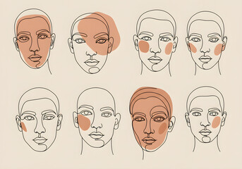 Fototapeta premium Diverse Faces Line Art with Abstract Color Fill | Minimalist Illustration of Different Skin Tones and Facial Features for Beauty and Inclusion Concepts