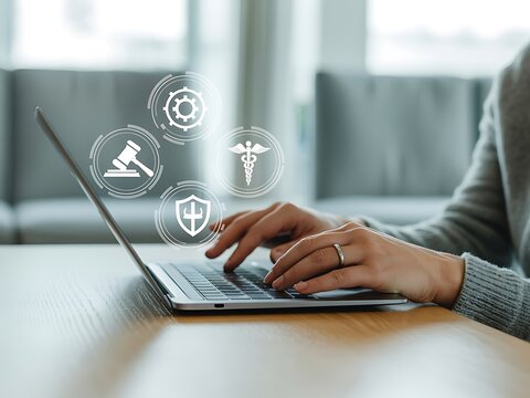 Person typing on laptop with digital icons hands woman - Powered by Adobe