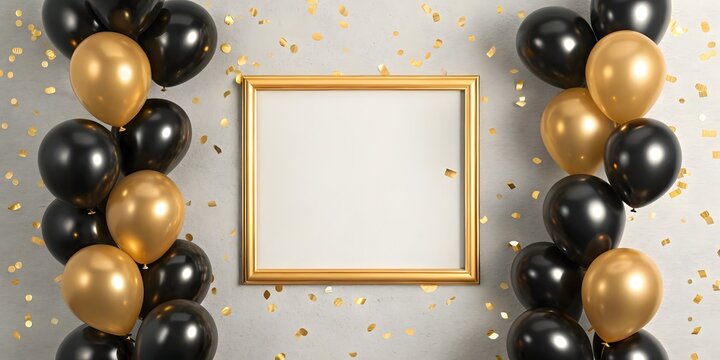 Golden frame with black and gold balloons and confetti for celebrations