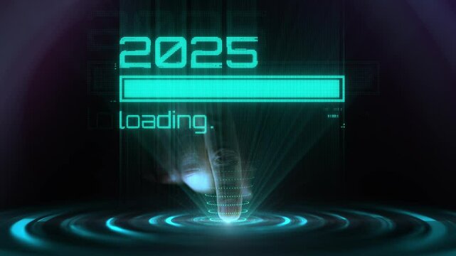 Futuristic hologram interface with a glowing 2025 loading bar activated by a finger touch. Concept of artificial intelligence and digital communication in a virtual environment.