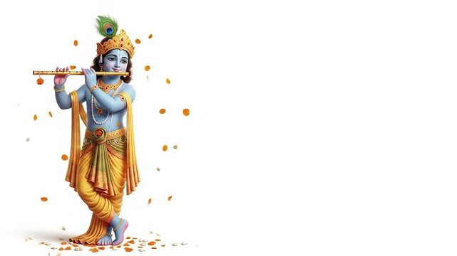 Lord Krishna Playing Flute Surrounded by Blossoming Petals