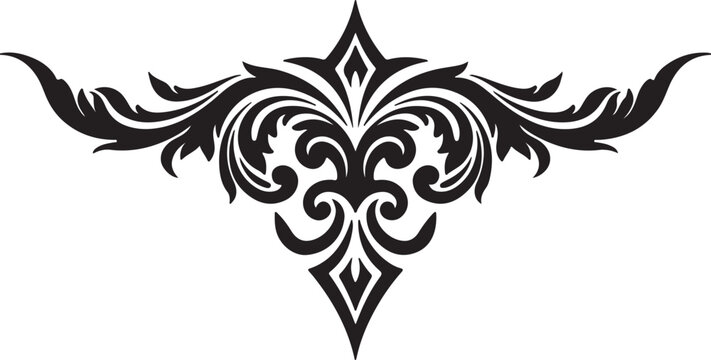 Black ornamental tattoo design, swirling floral vines and leaves, symmetrical structure, decorative tribal flourish, fine line ink work on white background