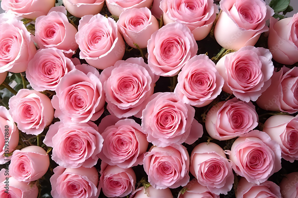 Poster overhead view of a dense collection of pink roses with varying shades and textures creating a floral