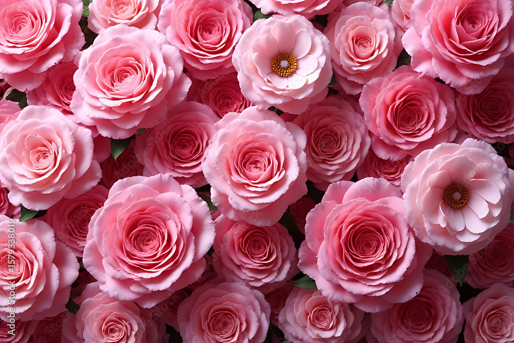 Poster overhead view of numerous pink roses with varying shades and textures creating a dense floral arrang