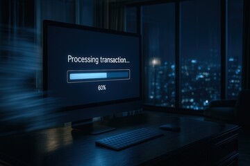 Digital payment processing on computer screen in dark office with cityscape view