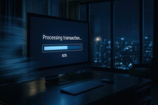 Digital payment processing on computer screen in dark office with cityscape view