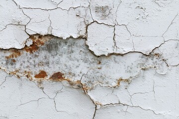 Obraz premium Detailed close-up of a white painted wall with deep cracks and peeling plaster. The texture reveals structural damage and decay, showcasing a weathered and aged surface ideal for use in backgrounds, d