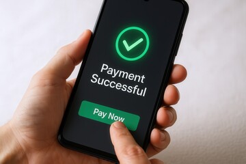 Hand holding smartphone displaying payment successful confirmation screen