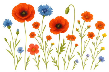 Fototapeta premium Vibrant wildflower bouquet featuring red poppies, orange cosmos, blue cornflowers blooming against transparent backdrop
