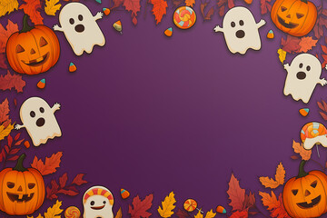 Halloween background with pumpkins ghosts leaves and candy for design