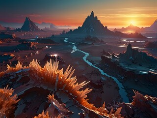 Obraz premium Orange Alien Flora Grows Beside River Stream in Surreal Fantasy Canyon Under Blue-Purple Sky with Mountains 