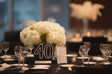 Elegant table setup featuring a floral arrangement and a number indicating a milestone celebration in a stylish venue