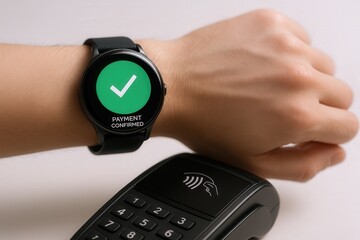 Smartwatch confirming contactless payment with green checkmark on screen