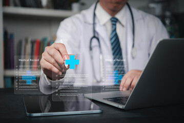 Online medical checklist and documentation system in use by doctor, concept of smart healthcare. Physician working with EHR system, medical record, hospital management innovation.
