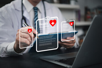 doctor reviewing and signing health insurance documents through an interactive digital interface, demonstrating the future of health insurance management.
