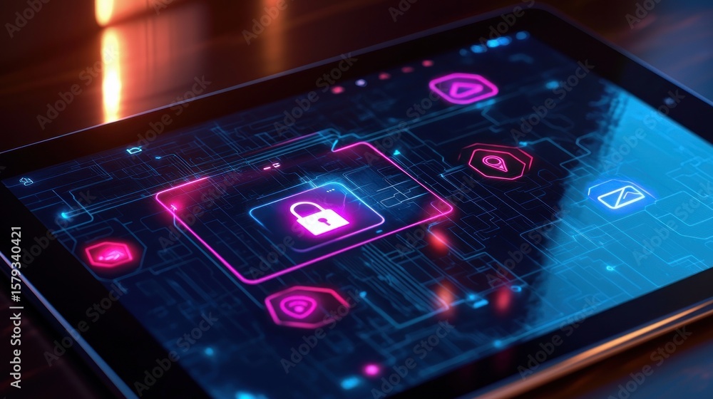 Poster tablet screen displaying security features