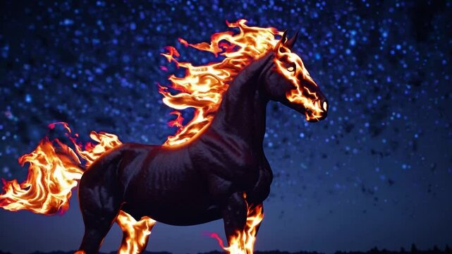 Fiery black stallion galloping gracefully against starry cosmic background, embodying mythical power and untamed spirit of freedom while burning with intense passion and magical energy