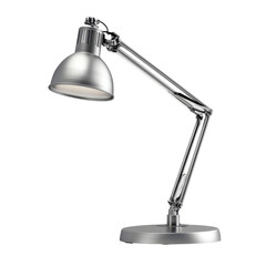 Silver articulated desk lamp with adjustable arm isolated on a transparent background