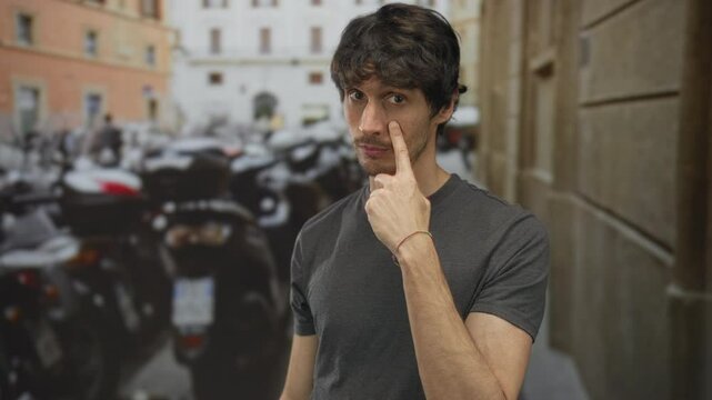 Man with finger pointing to cheek on narrow city street flanked by stone walls and parked scooters; doubt.
