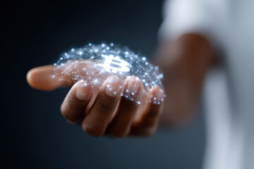 Businessman holding bitcoin cryptocurrency digital sphere network in hand