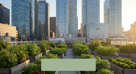 Fototapeta premium Urban Oasis: Rooftop Garden Amidst Skyscrapers - A vibrant rooftop garden thrives amidst towering skyscrapers, symbolizing urban sustainability, nature's resilience, community growth, healthy living,