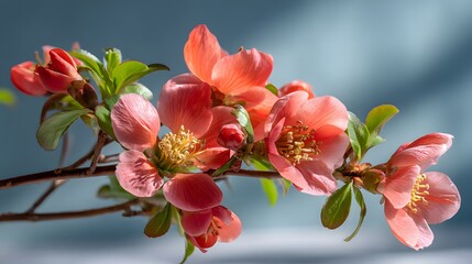 Radiant Blossoms of Spring A Close Up View of Flowering Quince in Full Bloom Against a Gentle Blue