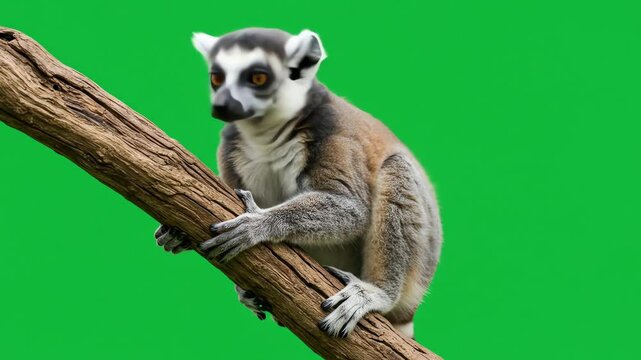 Lemur perched on branch against a green background holding branch