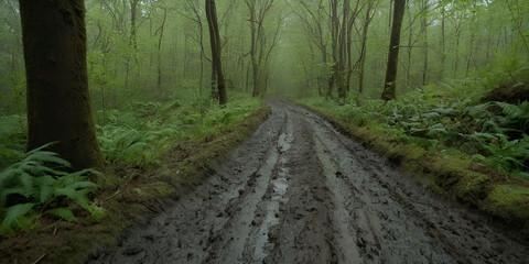 Misty Forest Road with Muddy Puddles and Lush Green Undergrowth on an Overcast Day