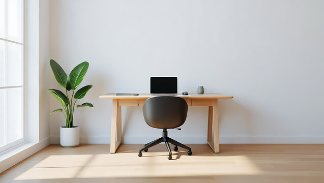 Minimalist home office setup featuring a light wood desk black chair and lush green plant