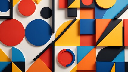Colorful Geometric Shapes Art Composition, Minimalist Geometric Art with Primary Colors and Sharp Shapes