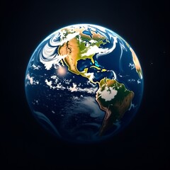 Earth and Moon floating in space with continents oceans and night sky visible