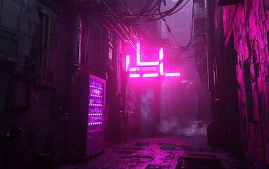 Cyberpunk Alleyway with Neon Sign and Vending Machine Bathed in Pink Light