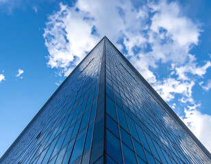 Looking up at a modern skyscraper. The glass reflects the blue sky and clouds, creating an impression of upward movement. Ideal for finance, architecture or success related concepts.