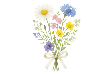 Fototapeta premium Vibrant wildflower bouquet featuring multicolored blooms, delicately bound with white ribbon, resting against clean transparent background