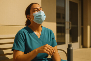 Female healthcare worker in mask exhausted by extreme heat resting outdoors on sunny day