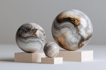 Marble decorative spheres in gray and brown tones