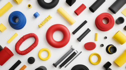 Vibrant abstract shapes and elements on a clean white background. Various colorful objects are randomly arranged, forming an eye-catching pattern.