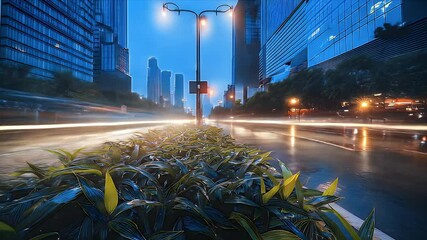 Urban rainy street with skyscrapers and green plants. Streetlights and city lights - Powered by Adobe