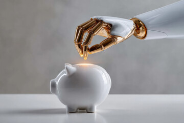A robotic hand places a gold coin into a pink piggy bank, symbolizing digital savings, AI finance, and future technology. Clean white background, minimalistic concept.