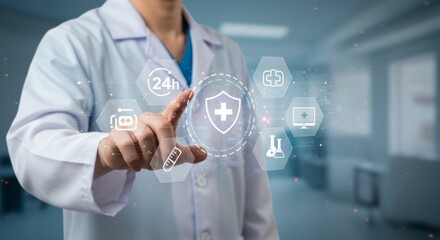 Medical professional using futuristic holographic display with healthcare icons and technology