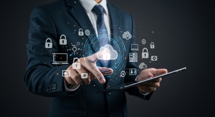 Business professional using tablet with holographic interface of security, cloud, and data icons