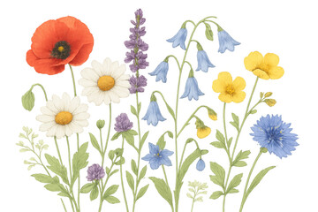Wildflowers featuring poppies, daisies, bluebells, cornflowers bursting with color against transparent backdrop