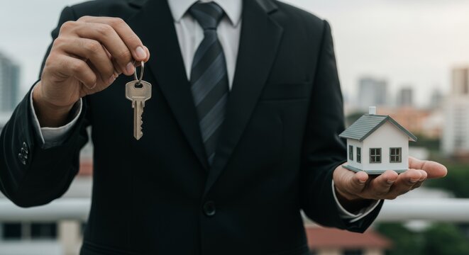 Businessperson holding house model and key with blurred cityscape symbolizing real estate and property ownership